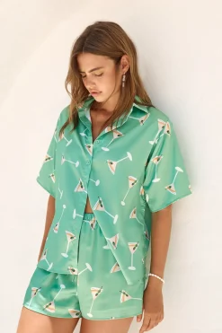 Two-Piece Shorts Set>Hello Molly Happy Hour Satin Set Green