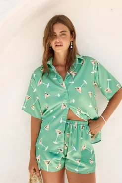 Two-Piece Shorts Set>Hello Molly Happy Hour Satin Set Green