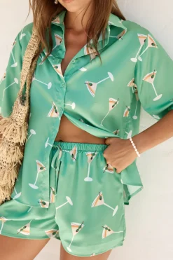 Two-Piece Shorts Set>Hello Molly Happy Hour Satin Set Green