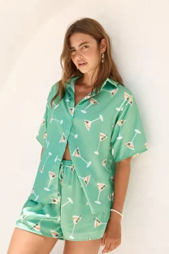 Two-Piece Shorts Set>Hello Molly Happy Hour Satin Set Green