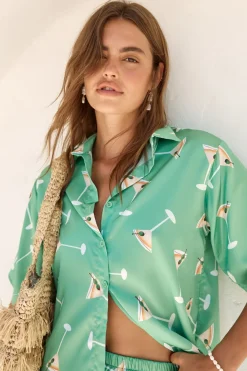Two-Piece Shorts Set>Hello Molly Happy Hour Satin Set Green