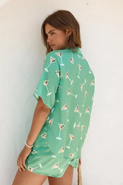 Two-Piece Shorts Set>Hello Molly Happy Hour Satin Set Green