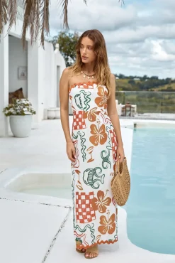 Vacation Dresses|Brunch Dresses>Hello Molly Hawaiian Retreat Strapless Maxi Dress Orange