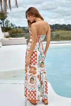 Vacation Dresses|Brunch Dresses>Hello Molly Hawaiian Retreat Strapless Maxi Dress Orange