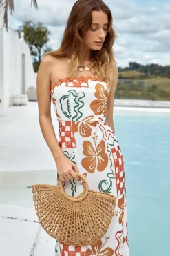 Vacation Dresses|Brunch Dresses>Hello Molly Hawaiian Retreat Strapless Maxi Dress Orange
