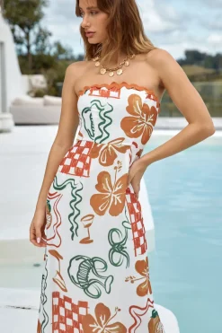 Vacation Dresses|Brunch Dresses>Hello Molly Hawaiian Retreat Strapless Maxi Dress Orange