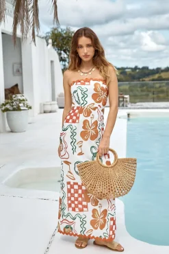 Vacation Dresses|Brunch Dresses>Hello Molly Hawaiian Retreat Strapless Maxi Dress Orange