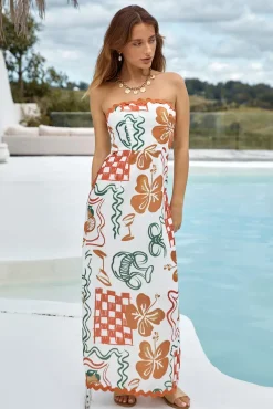 Vacation Dresses|Brunch Dresses>Hello Molly Hawaiian Retreat Strapless Maxi Dress Orange