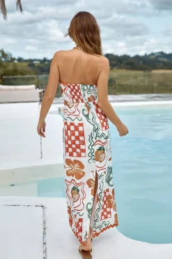 Vacation Dresses|Brunch Dresses>Hello Molly Hawaiian Retreat Strapless Maxi Dress Orange