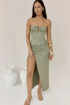 Formal Dresses|Cocktail Dresses>Hello Molly Heading Out Strapless Midi Dress Olive