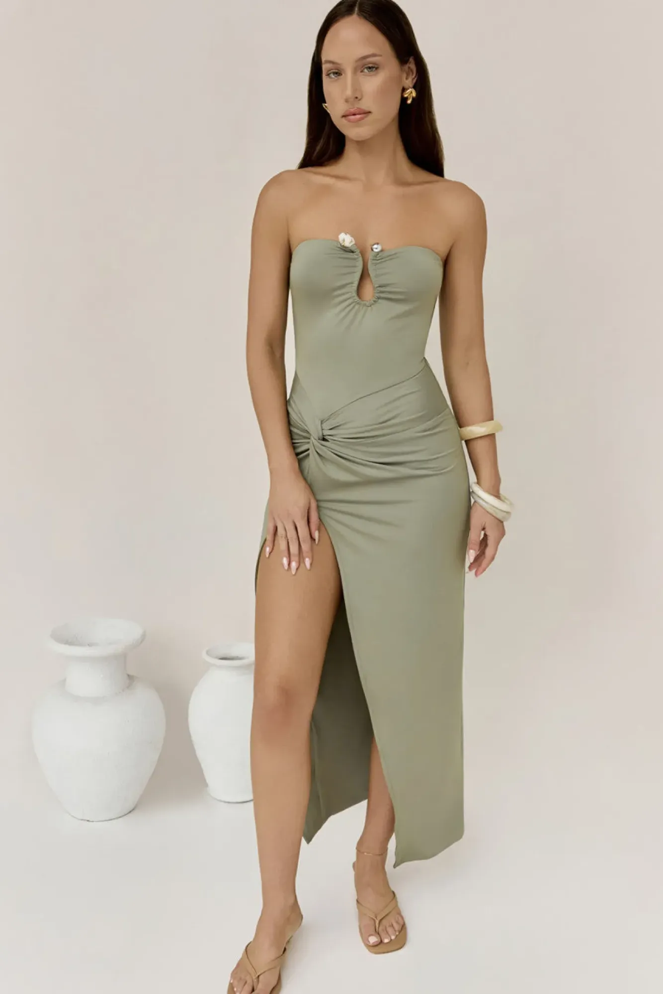 Formal Dresses|Cocktail Dresses>Hello Molly Heading Out Strapless Midi Dress Olive