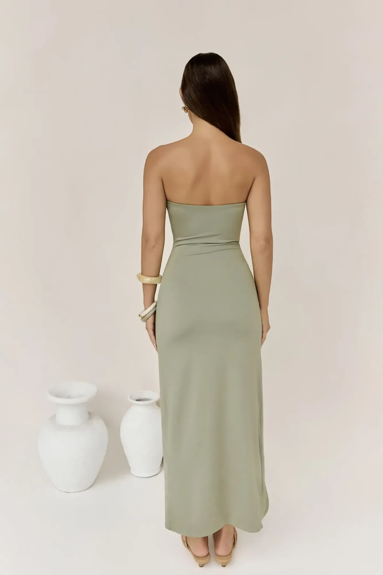 Formal Dresses|Cocktail Dresses>Hello Molly Heading Out Strapless Midi Dress Olive