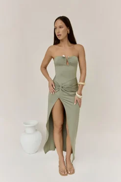Formal Dresses|Cocktail Dresses>Hello Molly Heading Out Strapless Midi Dress Olive