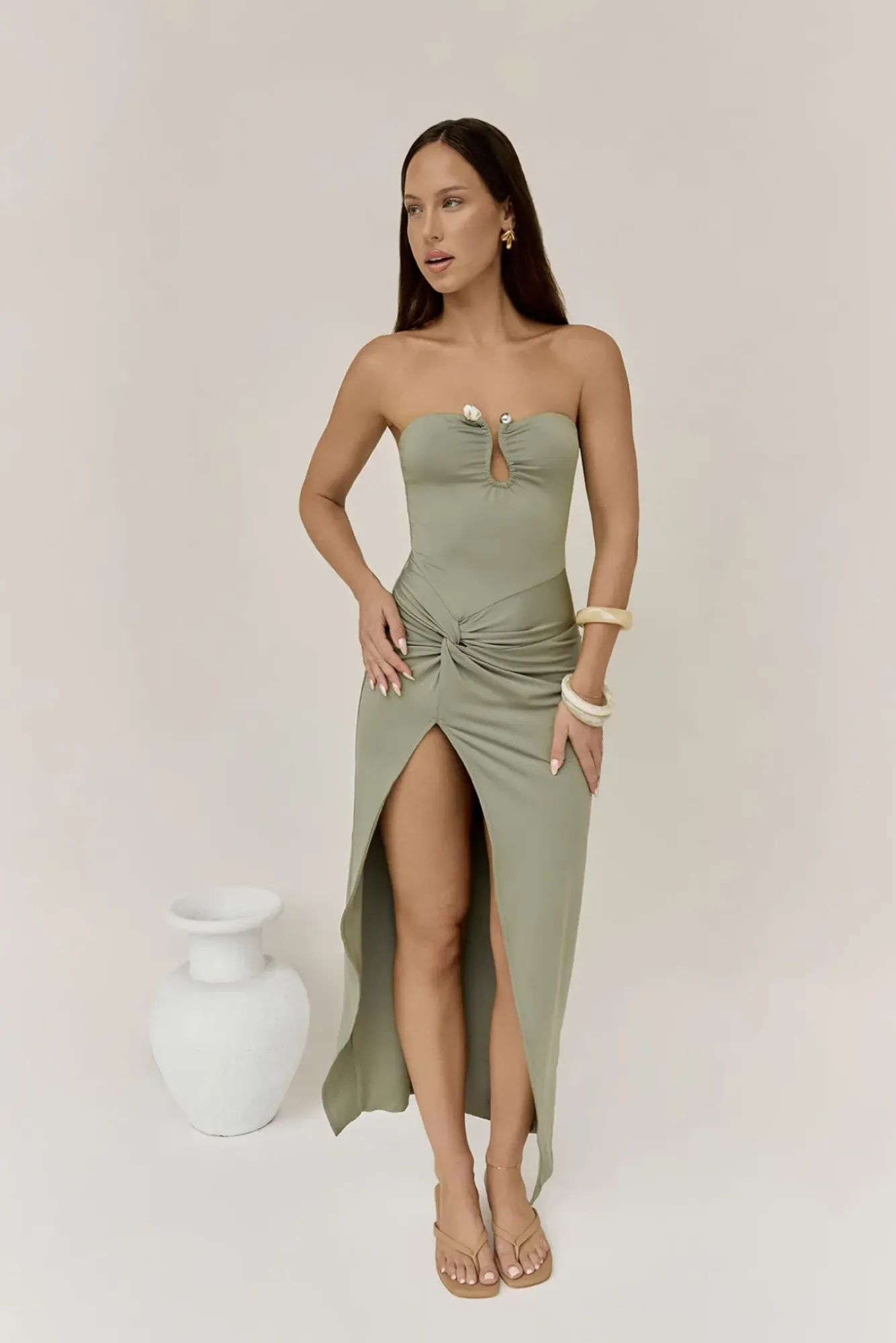 Formal Dresses|Cocktail Dresses>Hello Molly Heading Out Strapless Midi Dress Olive