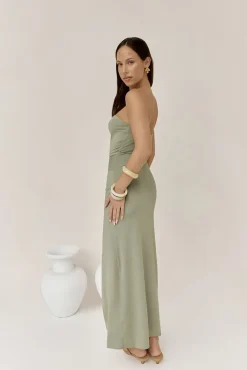 Formal Dresses|Cocktail Dresses>Hello Molly Heading Out Strapless Midi Dress Olive