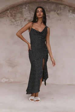 Spring Break Dresses|Flowy Dresses>Hello Molly Dotted Moment Satin Polka Dot Midi Dress Black