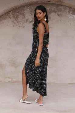 Spring Break Dresses|Flowy Dresses>Hello Molly Dotted Moment Satin Polka Dot Midi Dress Black