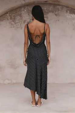 Spring Break Dresses|Flowy Dresses>Hello Molly Dotted Moment Satin Polka Dot Midi Dress Black