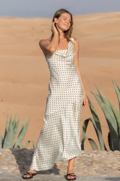 Spring Break Dresses|Summer Dresses>Hello Molly Dotted Moment Satin Polka Dot Midi Dress Cream