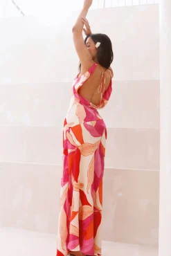 Cocktail Dresses|Vacation Dresses>Hello Molly Hibiscus Tea Satin Maxi Dress Pink