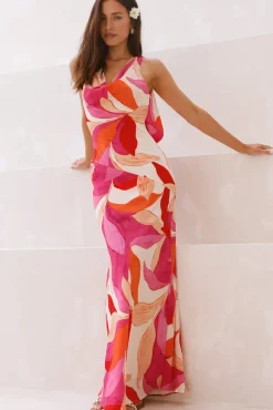 Cocktail Dresses|Vacation Dresses>Hello Molly Hibiscus Tea Satin Maxi Dress Pink