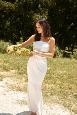 Strapless|Cropped>Hello Molly Hidden Oasis Linen Strapless Top White