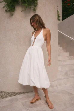 Vacation Dresses|Brunch Dresses>Hello Molly High Tide Halter Midi Dress White