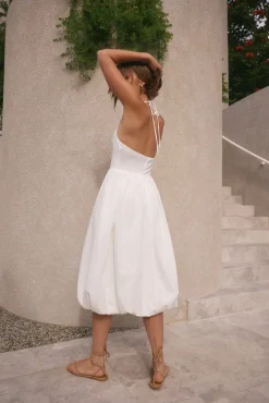 Vacation Dresses|Brunch Dresses>Hello Molly High Tide Halter Midi Dress White