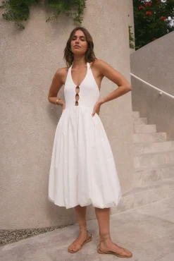 Vacation Dresses|Brunch Dresses>Hello Molly High Tide Halter Midi Dress White