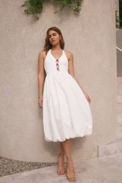 Vacation Dresses|Brunch Dresses>Hello Molly High Tide Halter Midi Dress White
