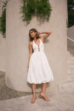 Vacation Dresses|Brunch Dresses>Hello Molly High Tide Halter Midi Dress White