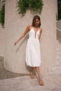 Vacation Dresses|Brunch Dresses>Hello Molly High Tide Halter Midi Dress White