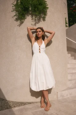 Vacation Dresses|Brunch Dresses>Hello Molly High Tide Halter Midi Dress White