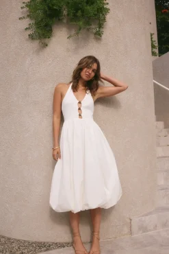 Vacation Dresses|Brunch Dresses>Hello Molly High Tide Halter Midi Dress White