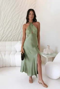 Wedding Guest Dresses|Formal Dresses>Hello Molly In My Feelings Satin Maxi Dress Olive