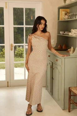 Vacation Dresses|Spring Break Dresses>Hello Molly Island Escape One Shoulder Maxi Dress Brown