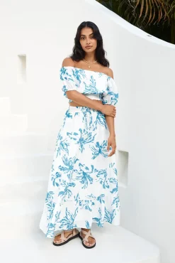 Cropped|Skirt And Top Sets>Hello Molly Island Whisper Off Shoulder Crop Top Blue