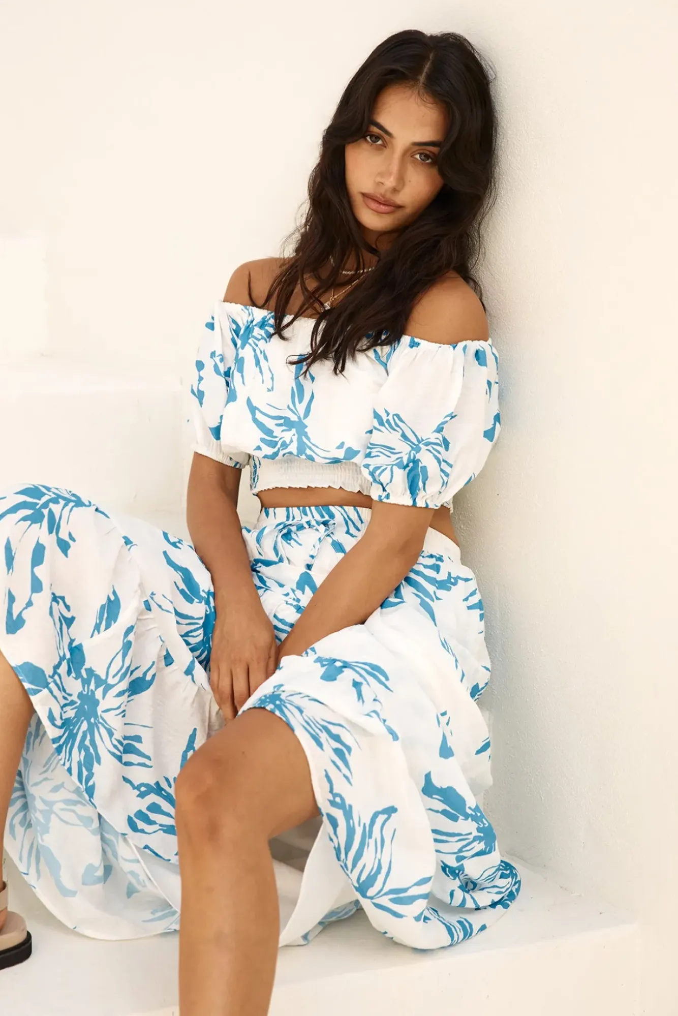 Cropped|Skirt And Top Sets>Hello Molly Island Whisper Off Shoulder Crop Top Blue