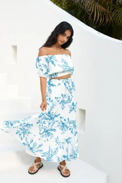 Cropped|Skirt And Top Sets>Hello Molly Island Whisper Off Shoulder Crop Top Blue