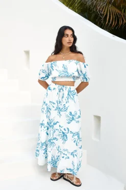 Cropped|Skirt And Top Sets>Hello Molly Island Whisper Off Shoulder Crop Top Blue