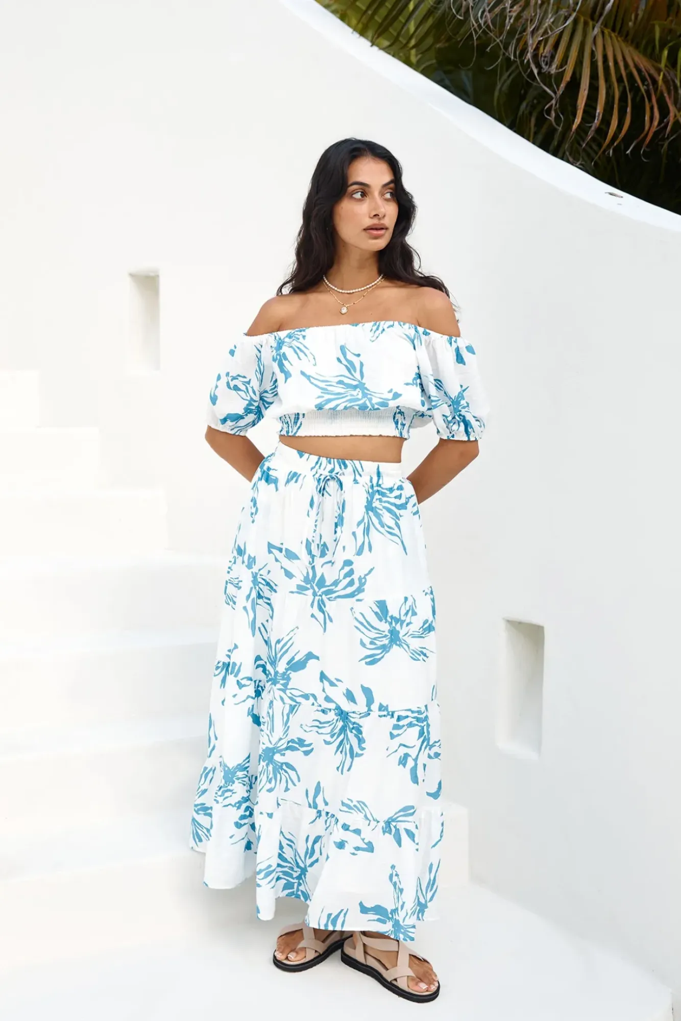 Cropped|Skirt And Top Sets>Hello Molly Island Whisper Off Shoulder Crop Top Blue