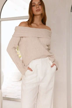 Cropped>Hello Molly Kadija Off Shoulder Knit Top Beige
