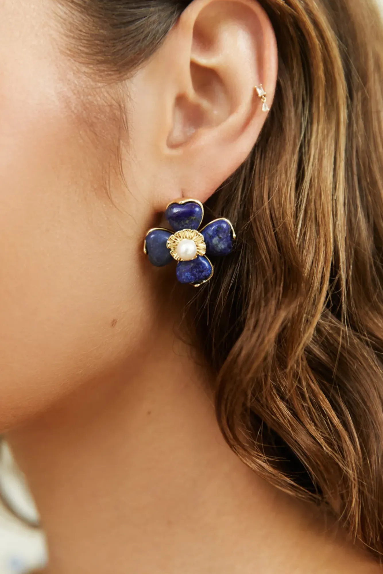 Earrings>Hello Molly 18K Gold Plated Blue Beauty Flower Earrings Gold