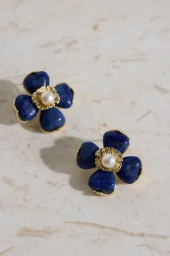 Earrings>Hello Molly 18K Gold Plated Blue Beauty Flower Earrings Gold