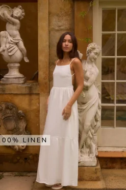 Vacation Dresses|Date Night Dresses>Fortunate One Lacey 100% Linen Maxi Dress White