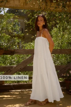Brunch Dresses|Summer Dresses>Fortunate One Liliana 100% Linen Maxi Dress White