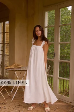 Vacation Dresses|Brunch Dresses>Fortunate One Lily 100% Linen Maxi Dress White