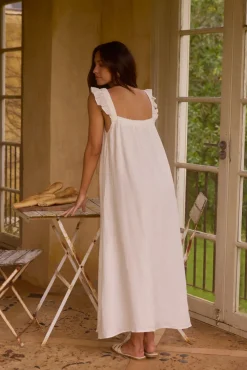 Vacation Dresses|Brunch Dresses>Fortunate One Lily 100% Linen Maxi Dress White