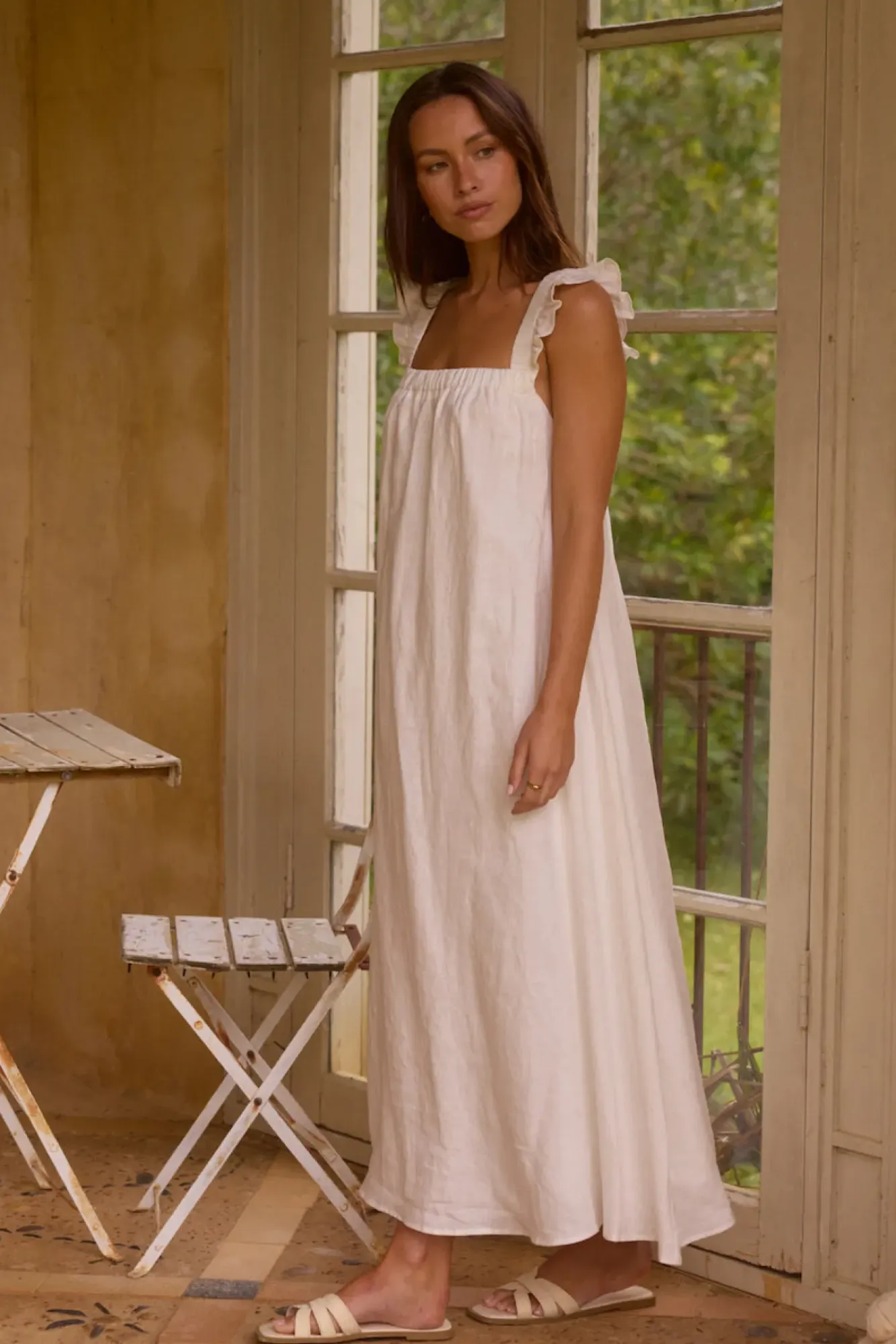Vacation Dresses|Brunch Dresses>Fortunate One Lily 100% Linen Maxi Dress White