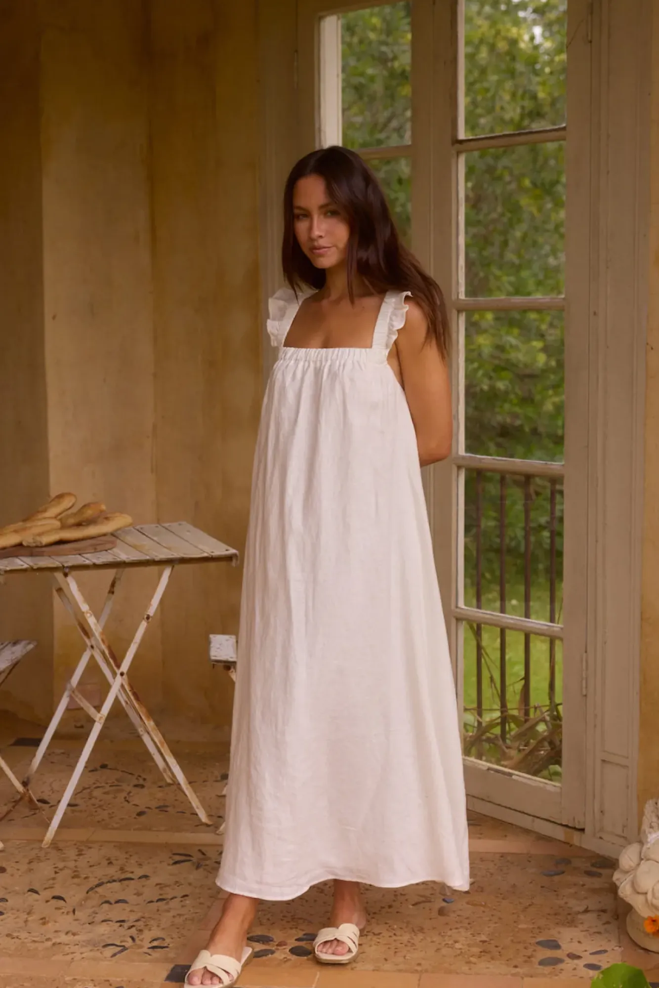 Vacation Dresses|Brunch Dresses>Fortunate One Lily 100% Linen Maxi Dress White